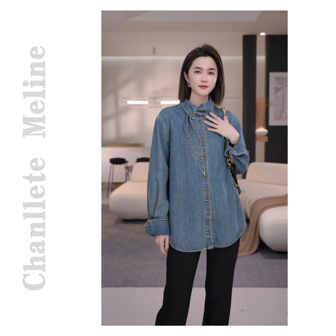 【Chanllete Meline】时尚棉感复古飘带翻领牛仔衬衫CM-1039