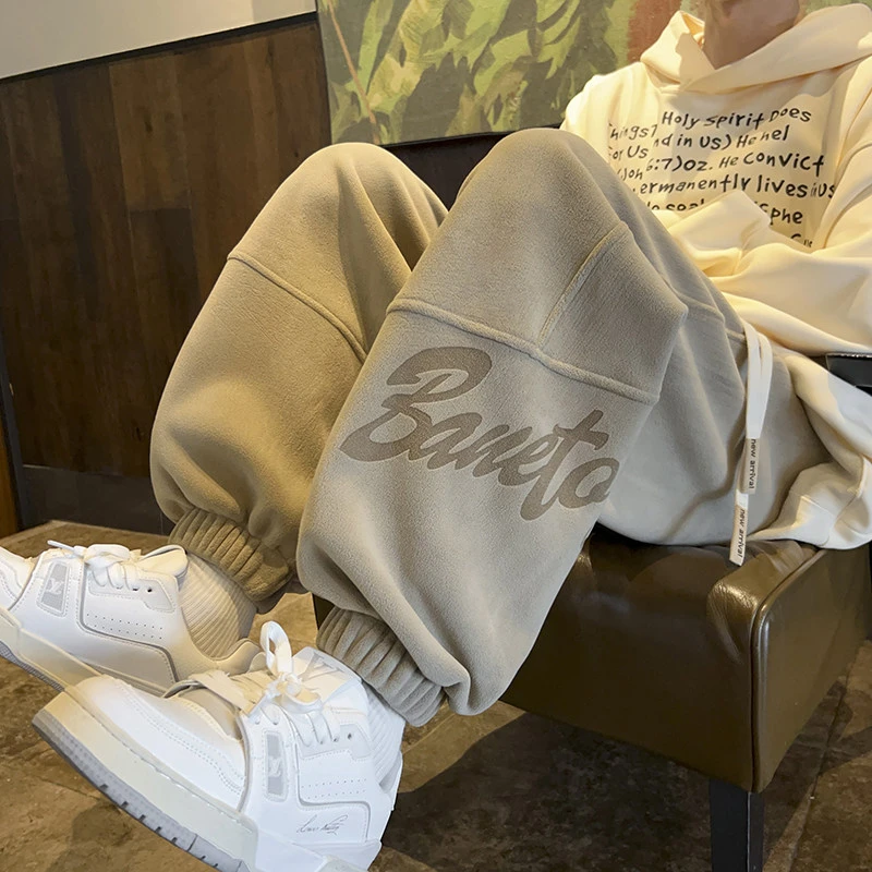 重磅奥粒绒束脚卫裤男秋季美式复古运动裤子国潮印花休闲长裤百搭