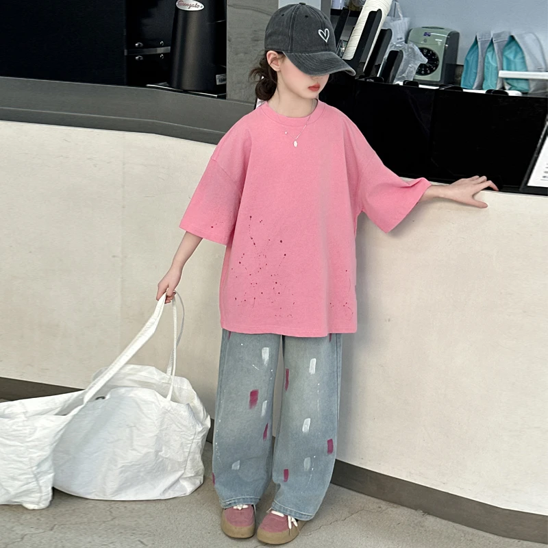 女童夏季韩版甜美短袖T恤2025新款洋气套装中大儿童6-12-15牛仔裤