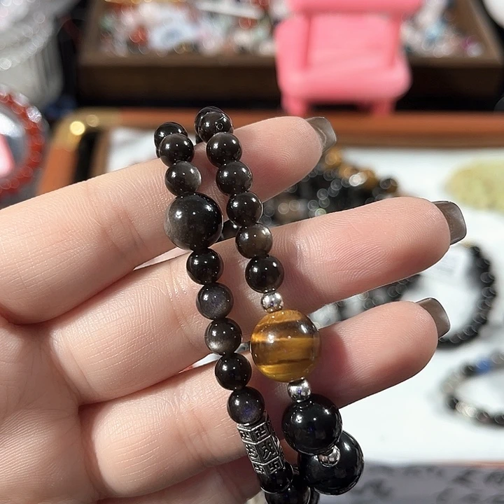 水晶手链合金银曜双圈