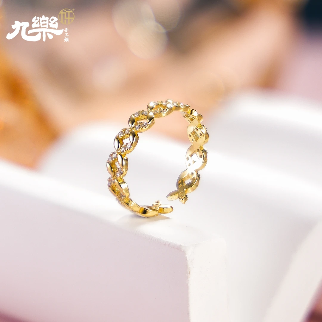 九乐 925银合成锆石戒指 金色/银色闪钻交叉开口戒指（达人专属）