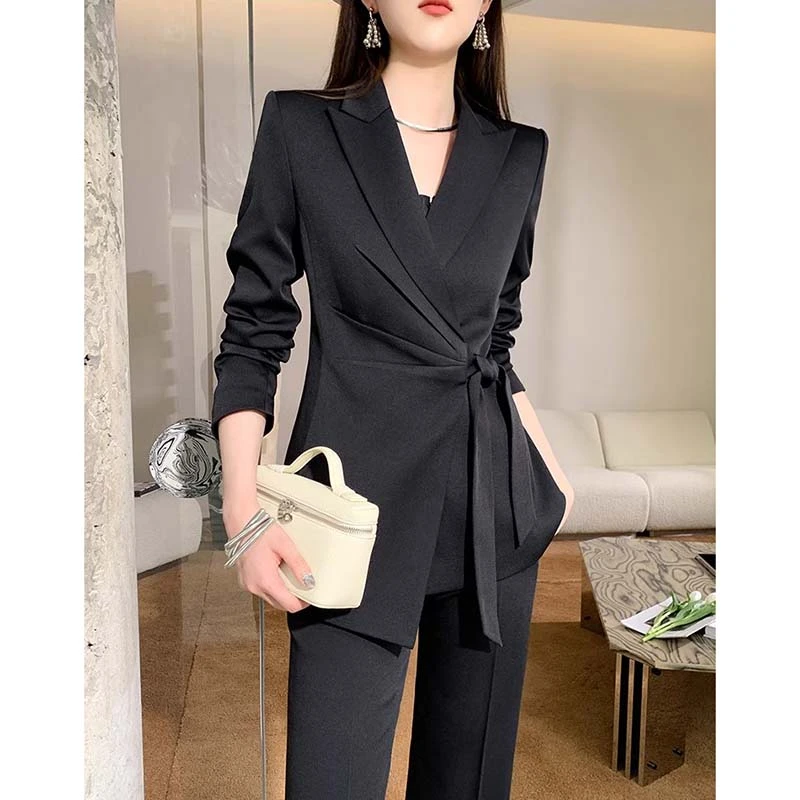 【两件套】春秋法式正装系带女纯色春秋女神范名媛套装轻职风D3878