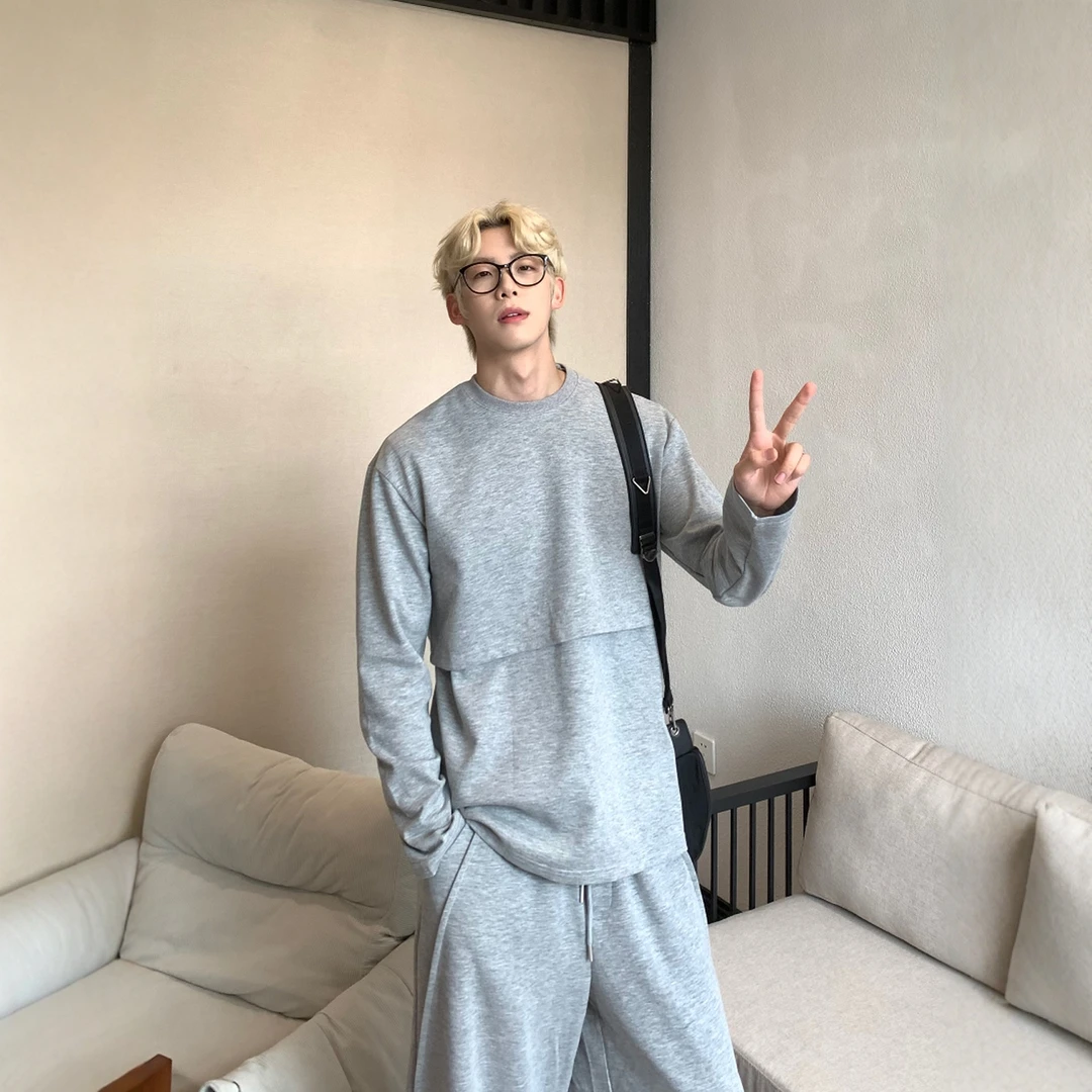 AP MMDD真两件简约美式复古百搭潮牌ins宽松男女卫衣长裤两件套装