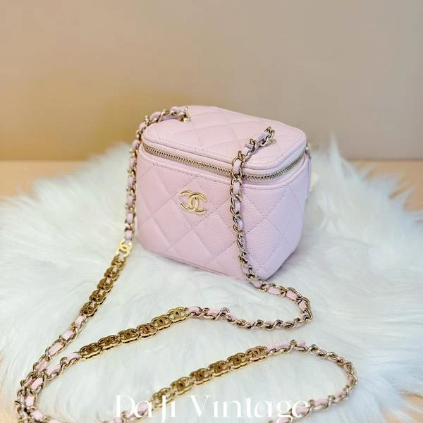 大吉中古/Chanel香奈儿粉金logo链条小盒子斜挎包