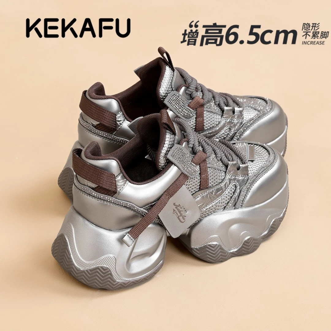 珂卡芙2025夏季新款老爹鞋透气网面拼接织物低帮厚底显脚小休闲鞋