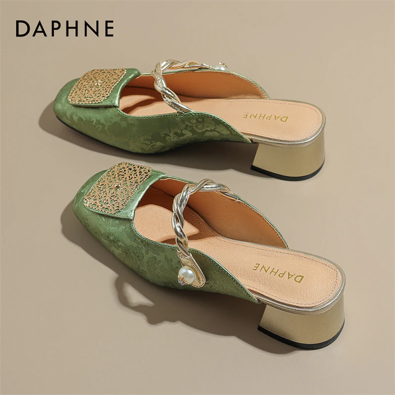 达芙妮包头半拖鞋女2025新款夏季外穿凉拖新中式懒人一脚蹬穆勒鞋