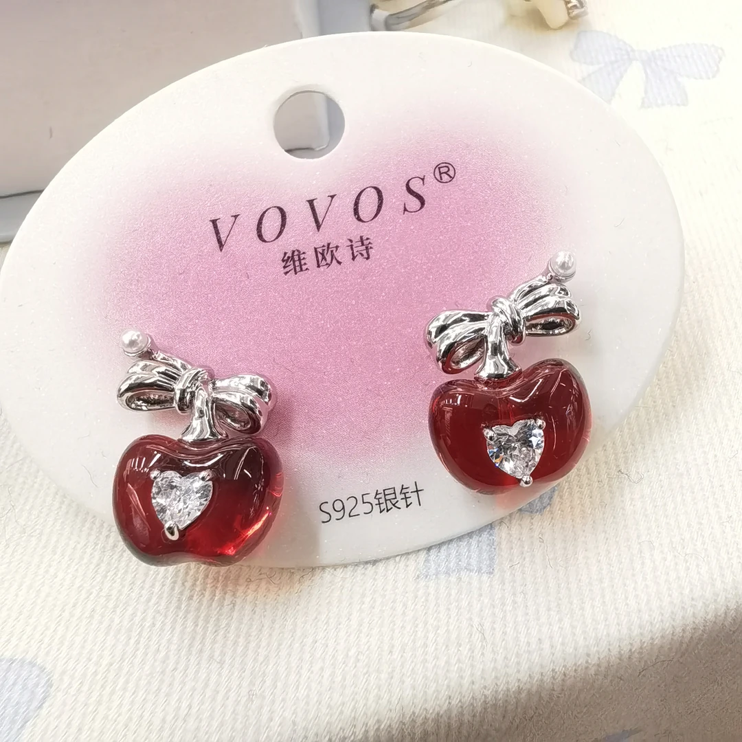 E905红色苹果蝴蝶结耳钉耳饰