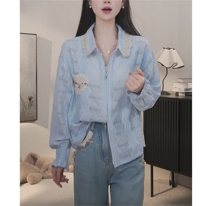 8712小众炸街高级感女装2025新款设计感时尚百搭显瘦蕾丝拼接衬衫