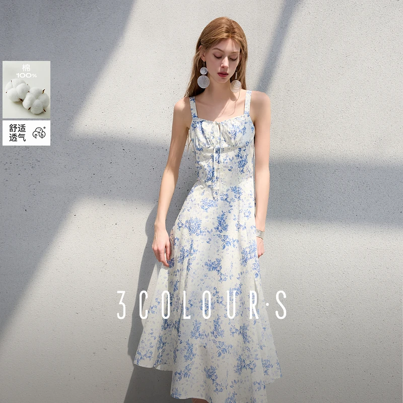 三彩2025夏季新款洋气碎花连衣裙无袖收腰A字裙法式系带吊带裙女S