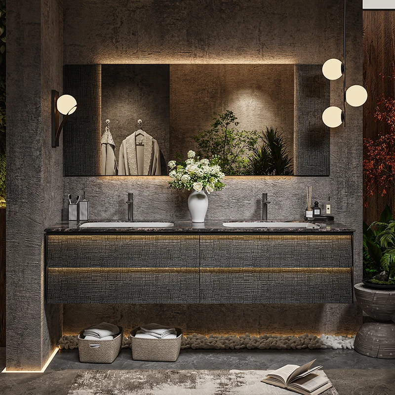 轻奢酒店风岩板天然无缝实木浴室柜组合洗脸台盆简约品质