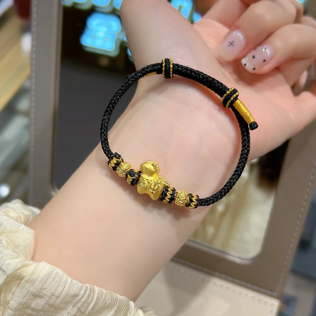 瑞诺黄金铜钱小马手链足金999马年本命年编织手绳礼物送男女友