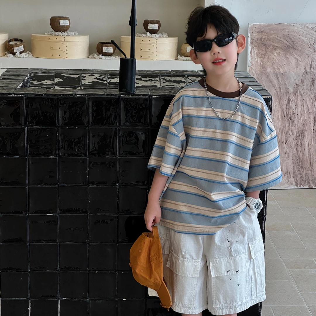 2025夏季新款韩版男童设计感拼色条纹套头T恤儿童短袖上衣潮