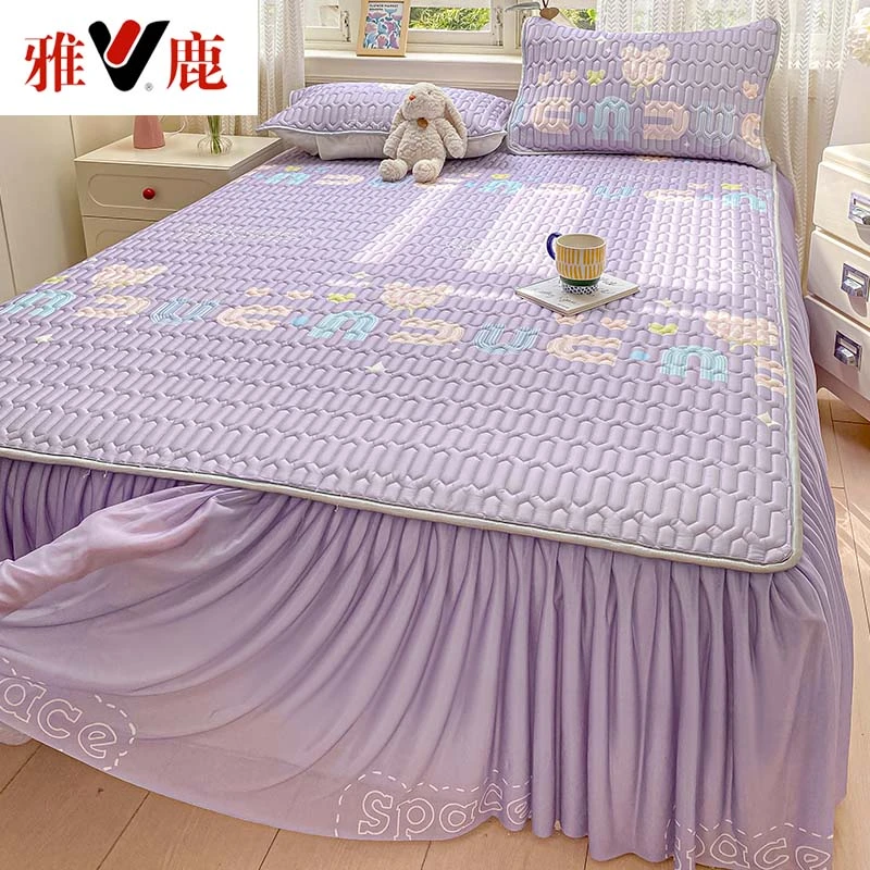 V/雅鹿乳胶凉席单人公主风床裙款夏季冰丝空调席可水洗折叠软席子