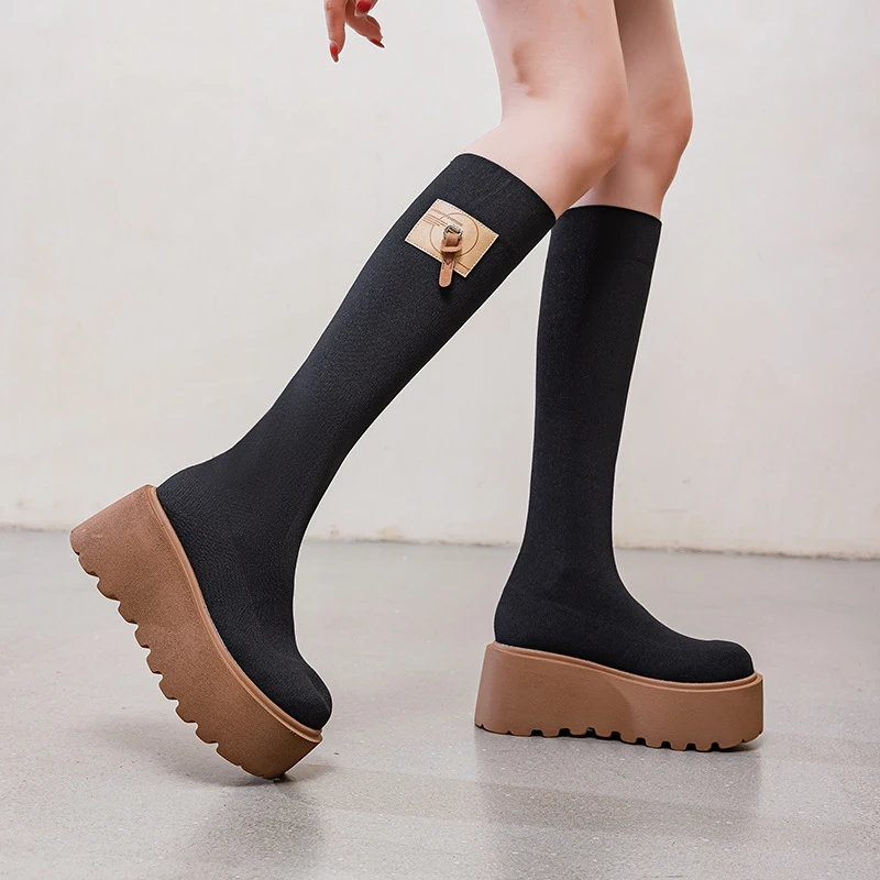 厚底高筒弹力靴女秋冬新款松糕针织及膝袜靴棕色小个子长筒靴靴