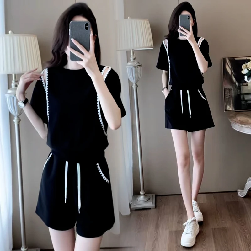 洋气休闲百搭套装女2025年夏季新款宽松显瘦简约露肩上衣两件套潮