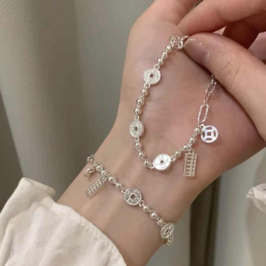 足银手链 简约高级感纯银钱币算盘手链女轻奢小众精致百搭手饰