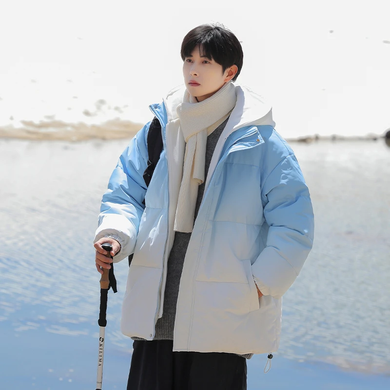 渐变色假两件连帽棉衣男宽松潮流冬季加厚保暖青少年棉服外套8870