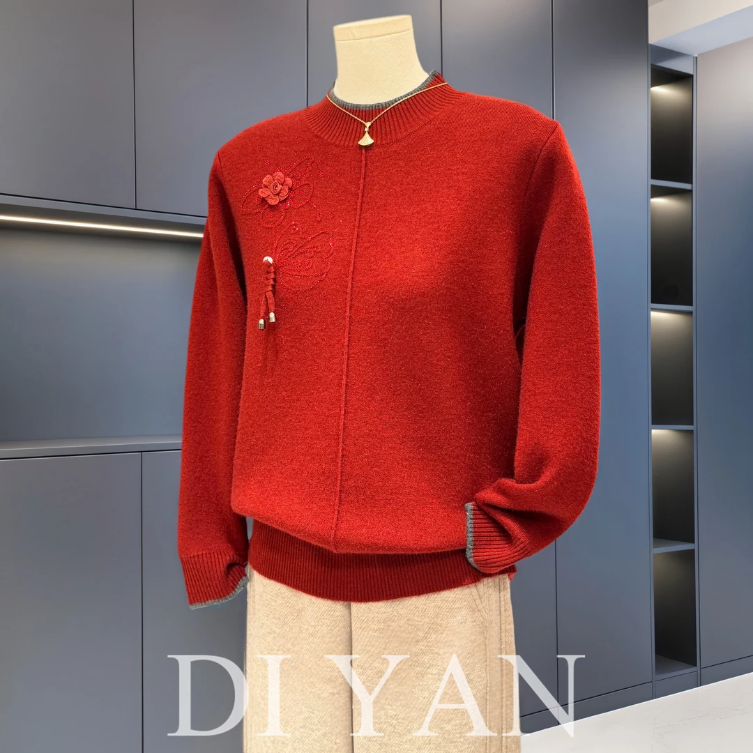 时尚休闲妈妈装加绒毛衣女高领冬装新款上衣气质百搭中老年针织衫