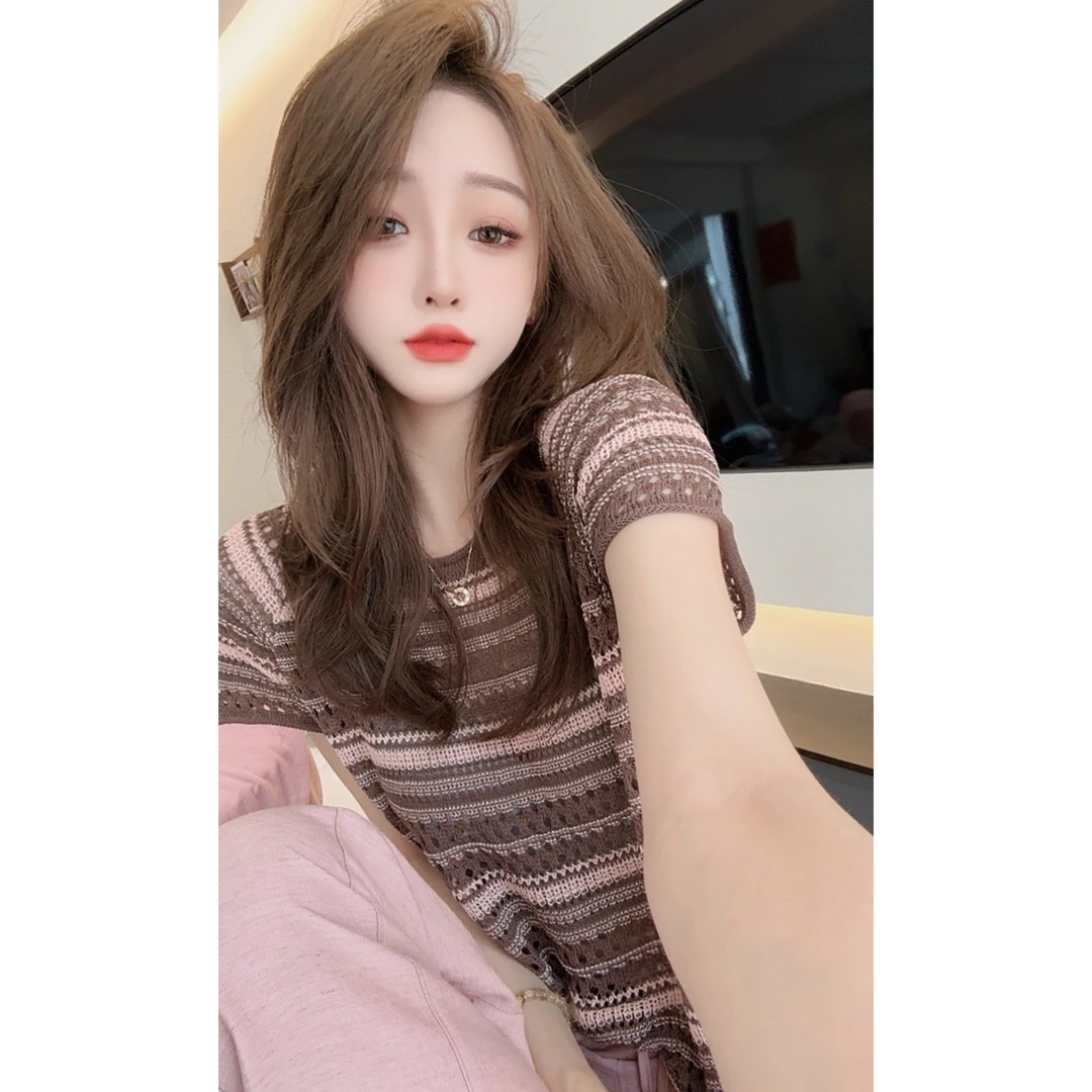 【陈陈私服】洋气设计感镂空拼色上衣凉感亚麻短袖针织衫25042402