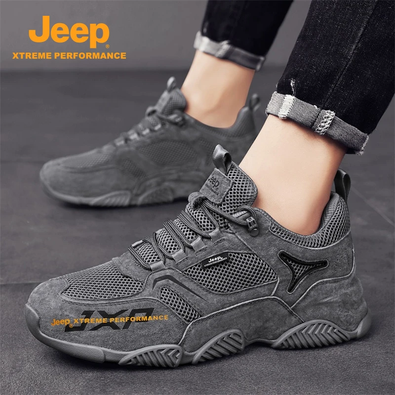 jeep吉普真皮老爹鞋2025冬季新款潮鞋网面透气外穿厚底耐磨休闲鞋