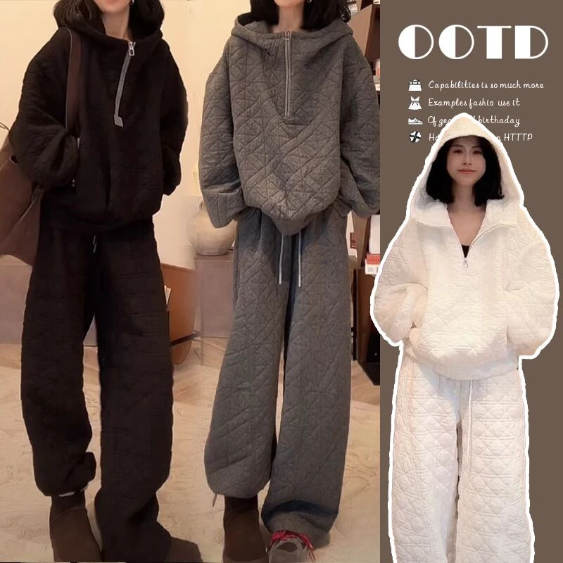 孕妇套装2025菱形格棉衣套新款时尚百搭洋气连帽夹棉外穿孕妇装