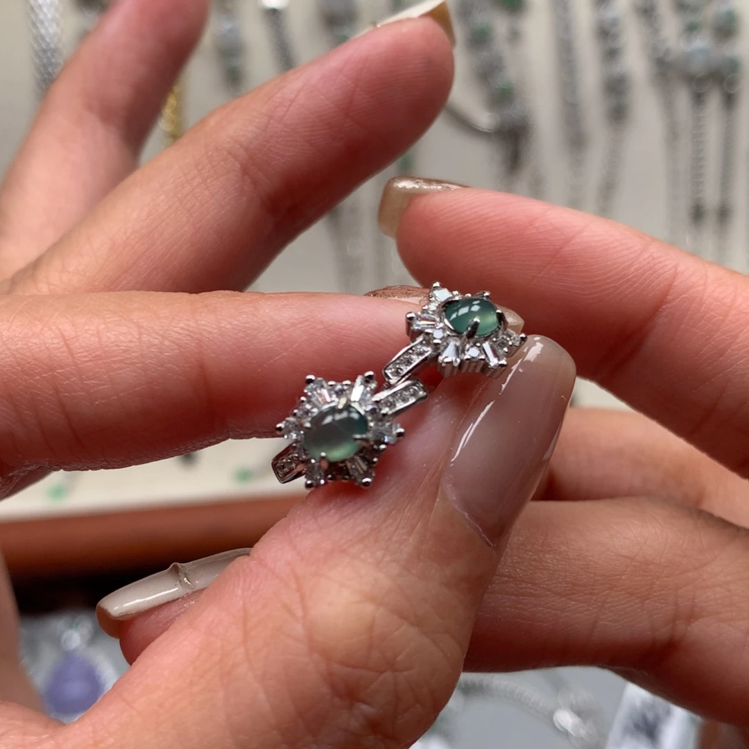 翡翠银S925镶嵌戒指耳钉