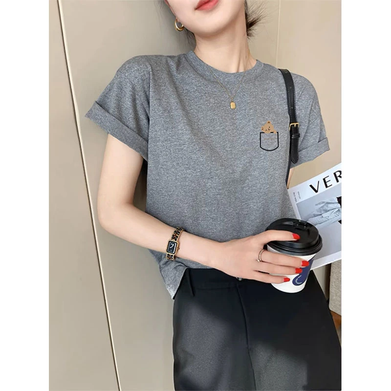 正肩磨毛短袖T恤女时尚百搭加厚款圆领打底衫上衣2025春夏秋冬季