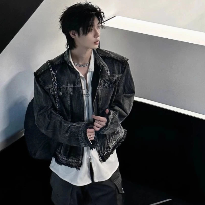 美式复古水洗高街牛仔外套男装设计感cleanfit短款垫肩牛仔衣夹克