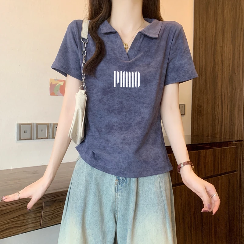 扎染POLO领短袖t恤女新款夏季甜辣显瘦短款正肩洋气纯棉翻领上衣