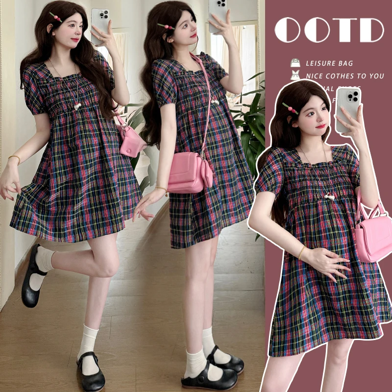 在逃公主减龄甜美显白孕妇遮肚连衣裙夏季宽松格子韩版小个子裙
