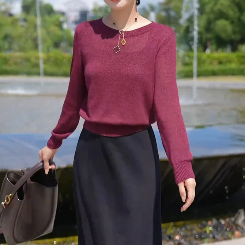 秋季新款百搭圆领纯色长袖针织衫休闲高级时尚设计感好看显白上衣