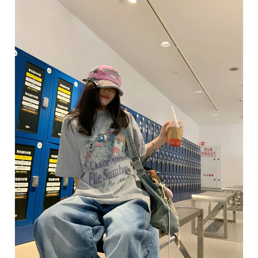 新款夏季纯棉亲肤圆领短袖t恤女卡通印花学院风时尚百搭气质衣服