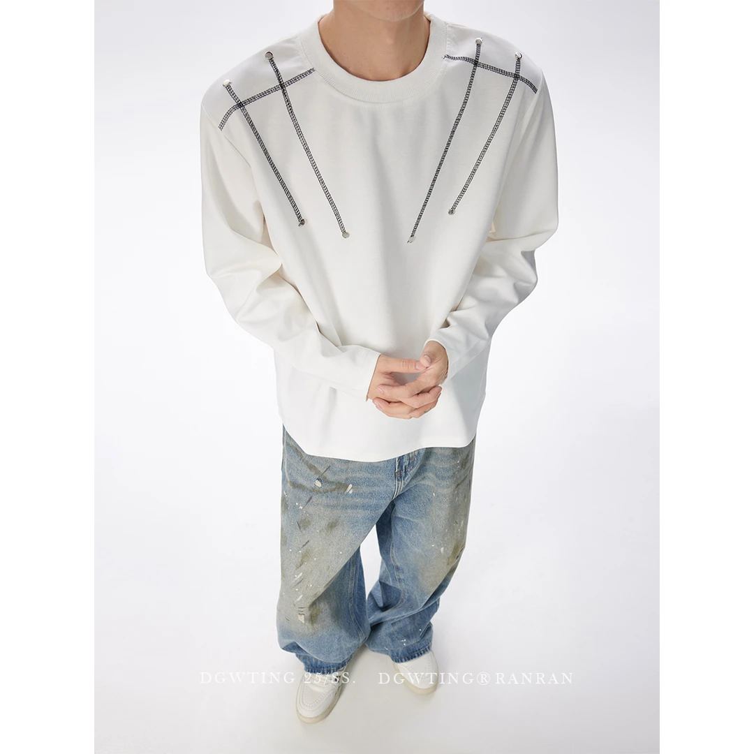 美式重磅潮流设计感长袖T恤男春秋季高街新款高级感宽松休闲上衣