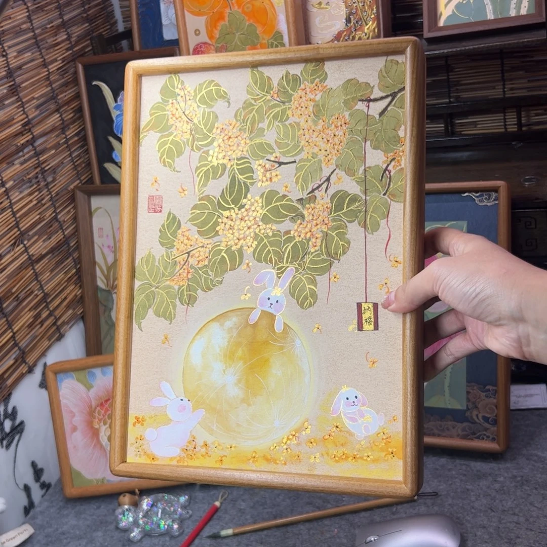 国画原创手绘国画桂花小兔