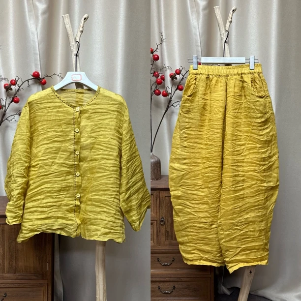 苎麻套装侧边造型线老爹裤小衫（裤长93臀围128，衣长60胸围130）