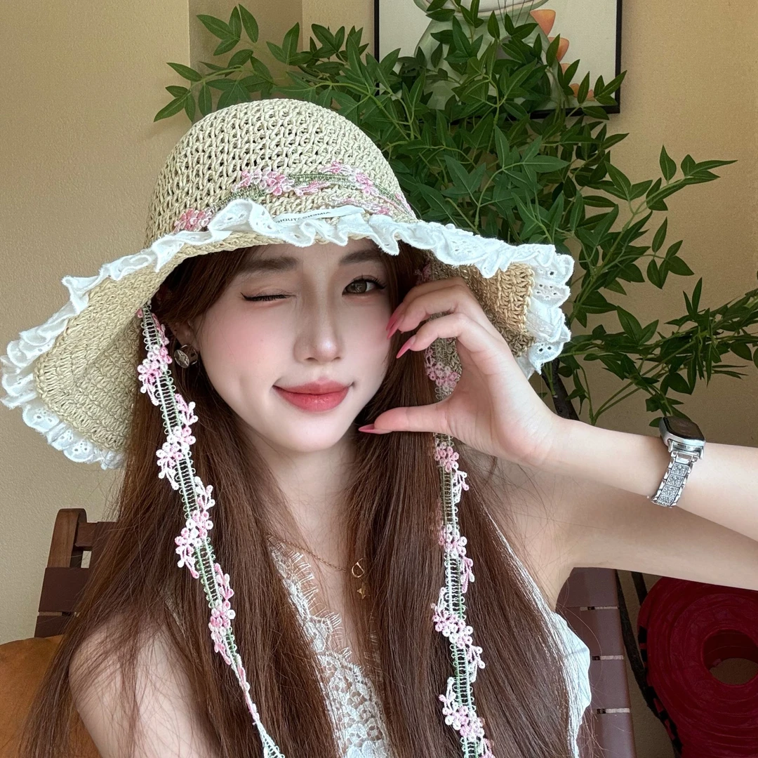 新款蕾丝花边大檐防晒编制草帽