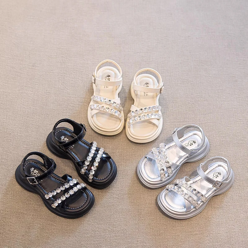 女童凉鞋亮钻魔术贴公主鞋防滑露趾小女孩童鞋软底小香风韩版童鞋