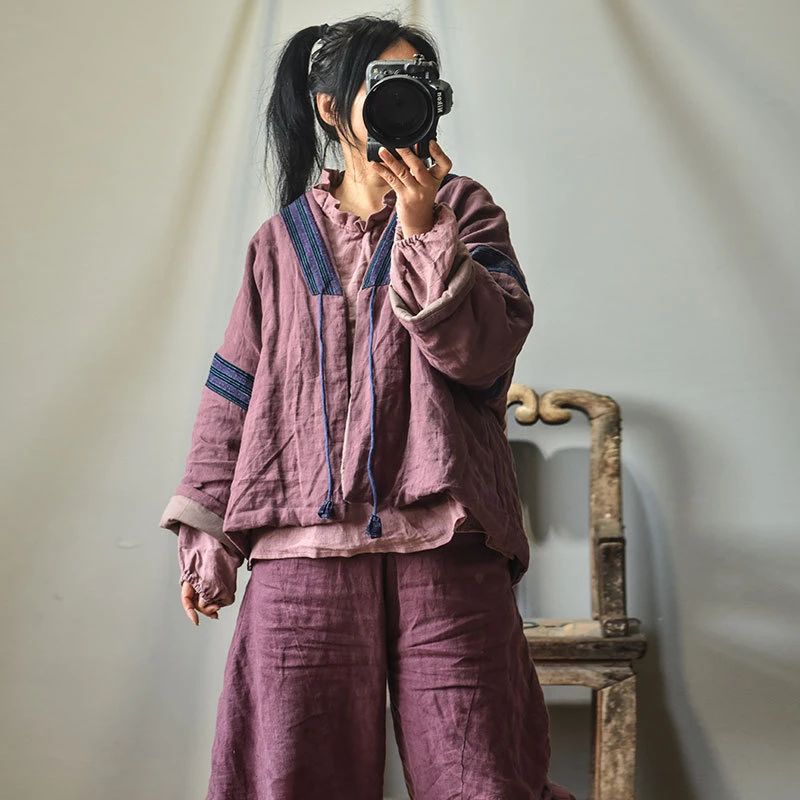 半月/早春晚秋冬款原创亚麻短棉衣 佛系复古老布拼接系带开衫棉服