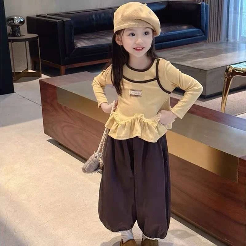 女童秋季新款套装洋气假两件上衣女宝宝休闲阔腿灯笼裤两件套