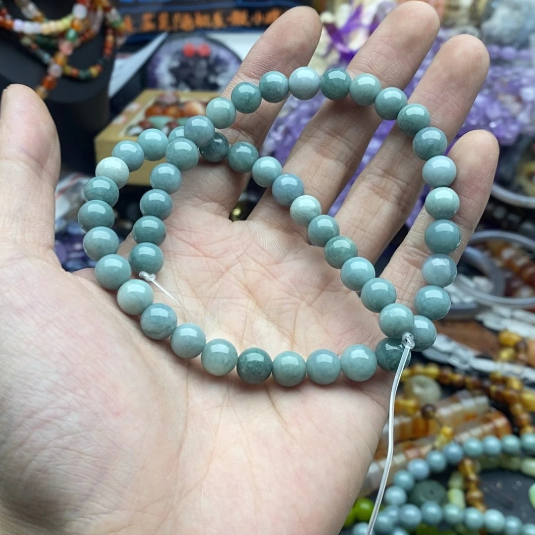 玛瑙/玉髓未镶嵌珠宝半成品一条天然8mm蓝水翡翠圆珠