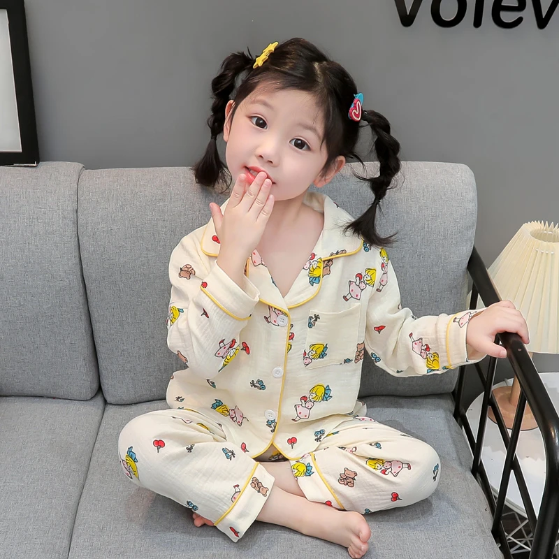 女童春秋长袖纯棉薄款家居服套装小女孩棉纱夏季空调服开衫家居服