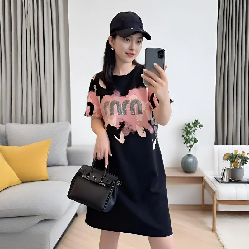 欧洲站夏季新款印花烫钻显瘦百搭连衣裙女时尚宽松潮流中长款上衣