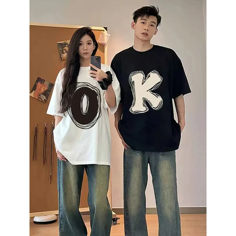 美式正肩OK短袖男女同款夏季小领口字母印花t恤重磅纯棉情侣半袖