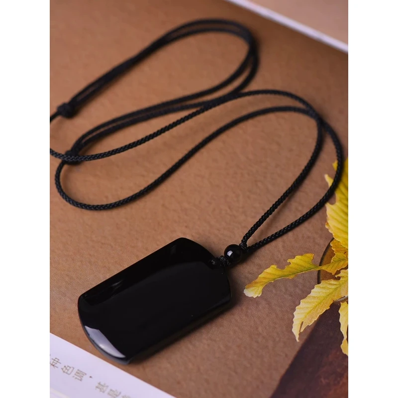 天然黑曜石无事牌吊坠黑色玉石平安项链太平牌钥匙扣挂件男女