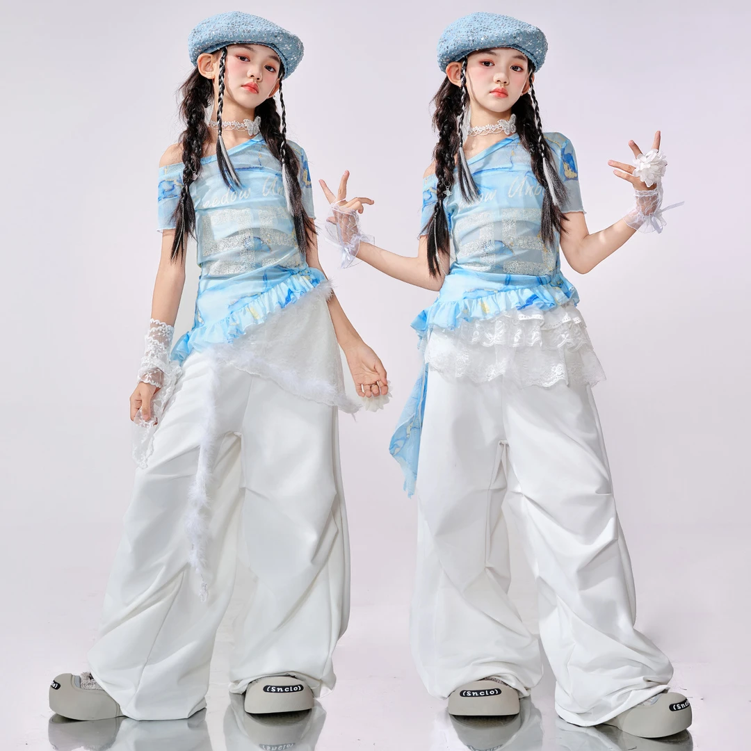 少儿爵士舞服jazz女团蓝色潮酷时髦女童街舞儿童套装舞蹈演出服装