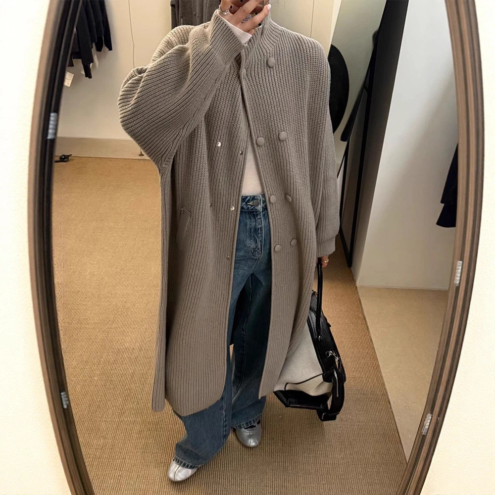 慵懒风开衫双排扣秋季外套新款女装过膝长款衣女秋冬