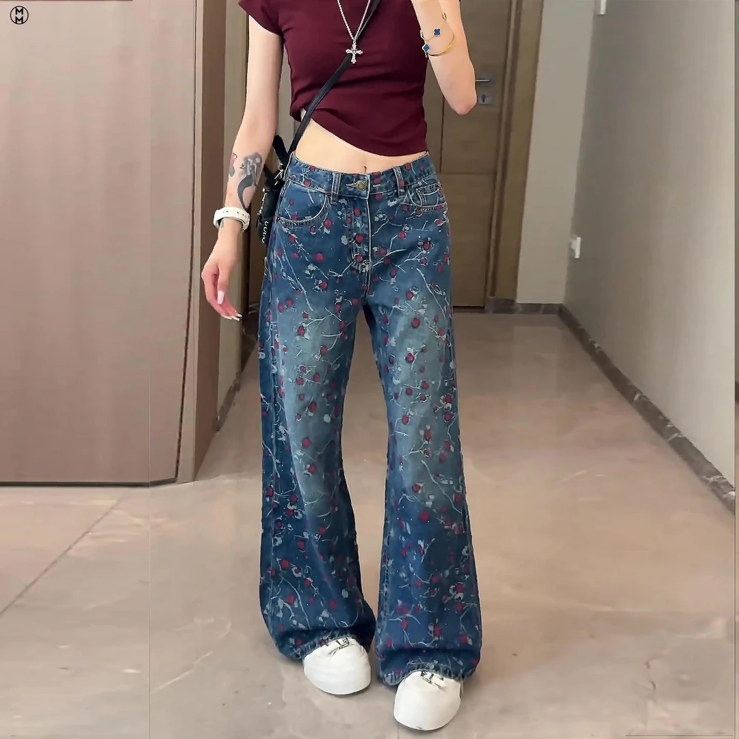 MM微喇牛仔裤2025夏季新款女薄款樱桃印花修身弹力时尚直筒宽裤子