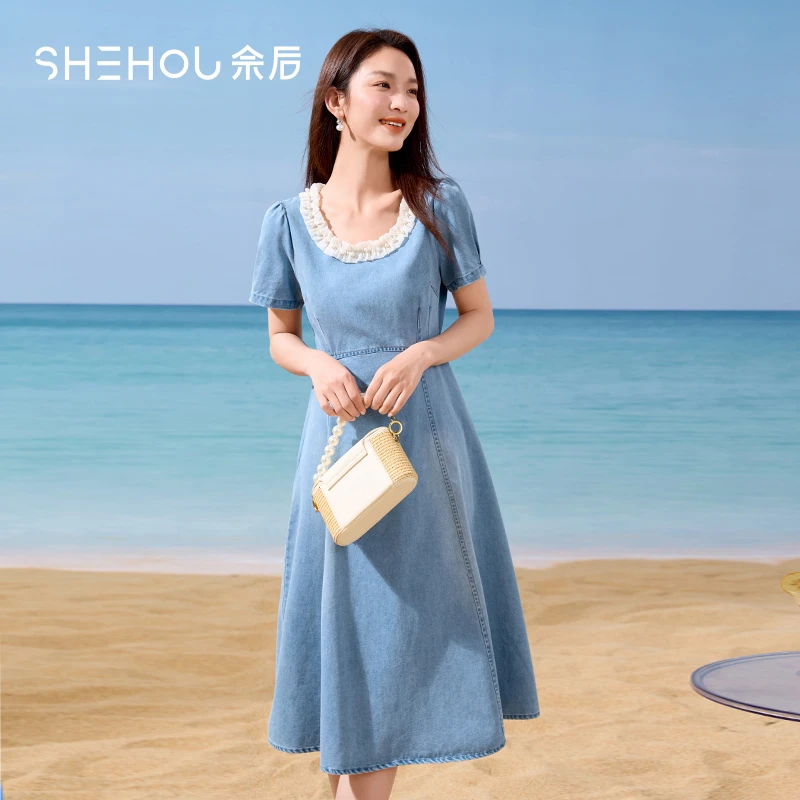 佘后清新甜美风日常约会温柔牛仔娃娃领短袖连衣裙