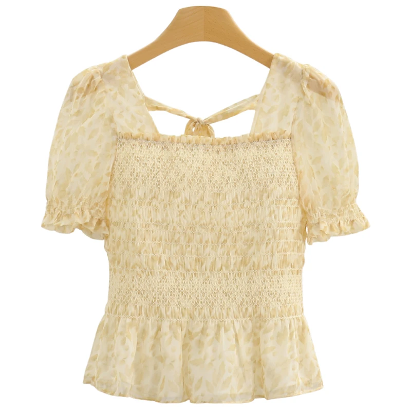 F271-【柏】甜美碎花修身木耳边短款雪纺衫#RDS56S023