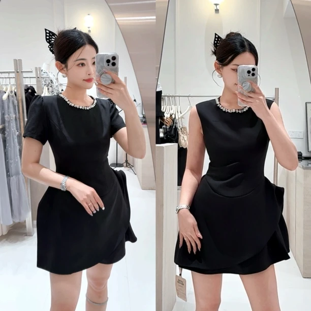 【柔嘉Yoga】无袖短袖水钻小礼服夏季气质收腰显瘦设计感连衣裙时尚